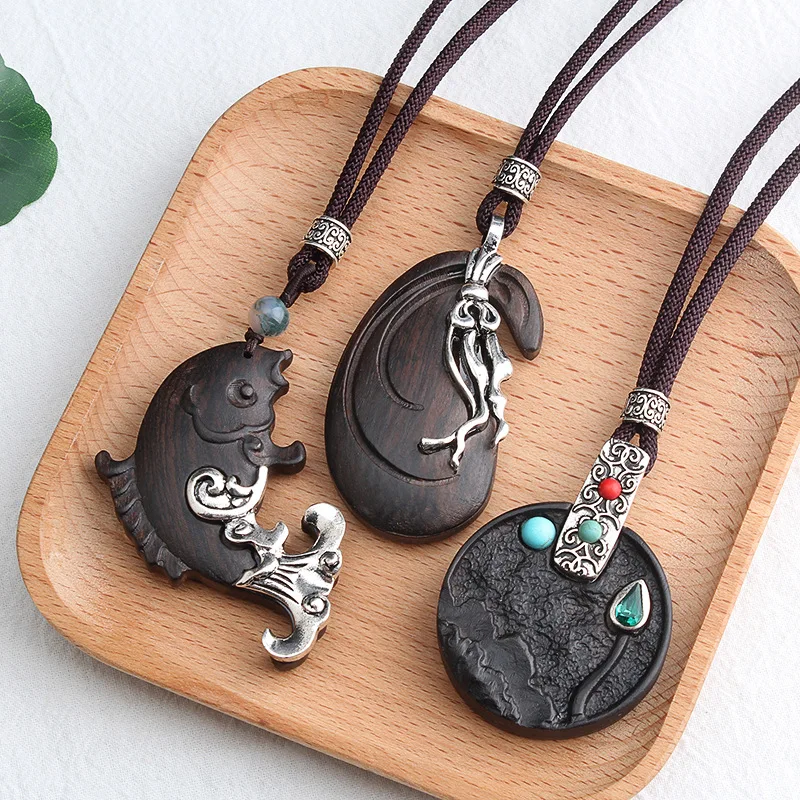 Retro Ethnic Ebony Pendant Long Necklaces for Women Lotus Natural Stone Peacock Abacus Carp Peony Fish Tulip Sweater Chain Gifts | Украшения