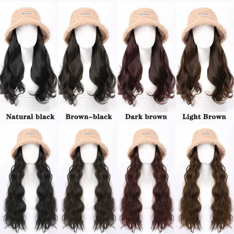 High Temperature Fiber Synthetic Knitted Fisherman Bucket Hat Long  Curly Wig  Natural Fake Hair for Women Sun Hat