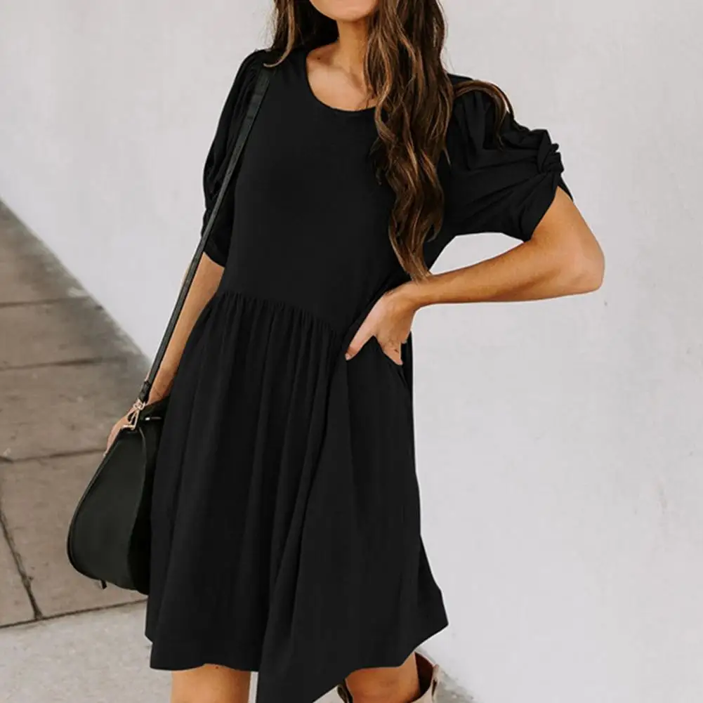 

Dress Woman Fashion Solid Color Knot Short Sleeve O Neck Large Hem Pocket Mini Dress femme robe vestido de mujer 2021