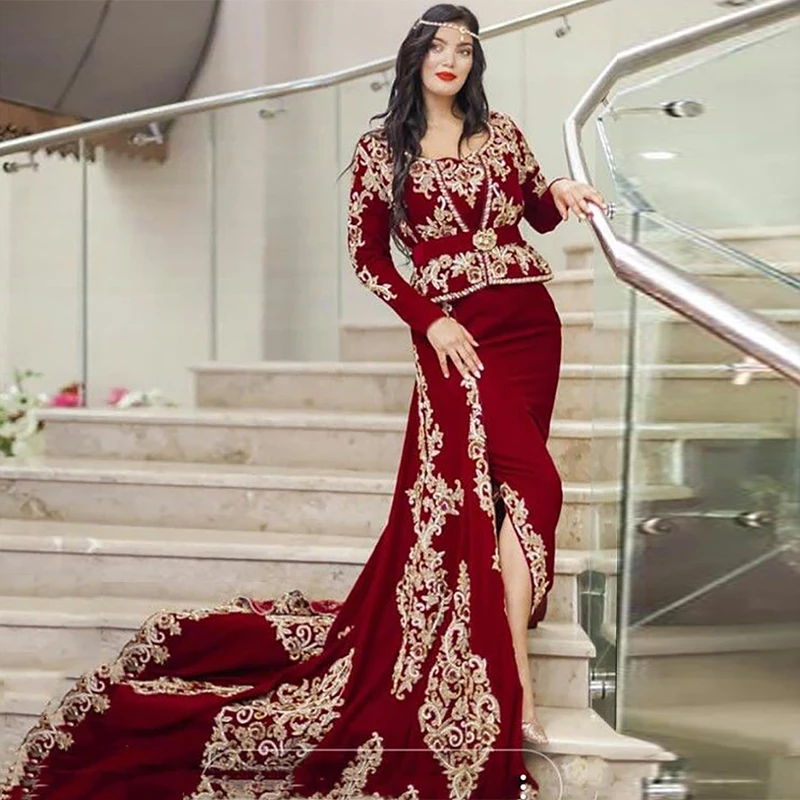 

Sevintage Mermaid Karakou Algerian Velvet Evening Dress Long Sleeves Appliques Lace Party Gowns Removbale Court Train Prom Dress