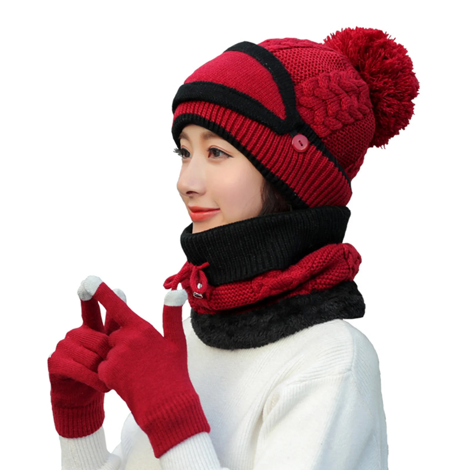 

4Pcs Womens Winter Scarf Set Thickend Knitted Hat Scarf Face Cover Gloves Outdoor H9