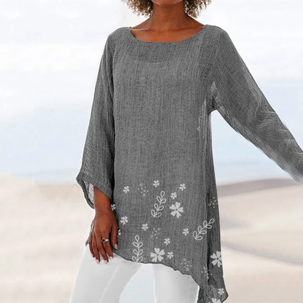 

Vintage Women Long Sleeve O Neck Floral Print High Low Hem Top Loose Blouse