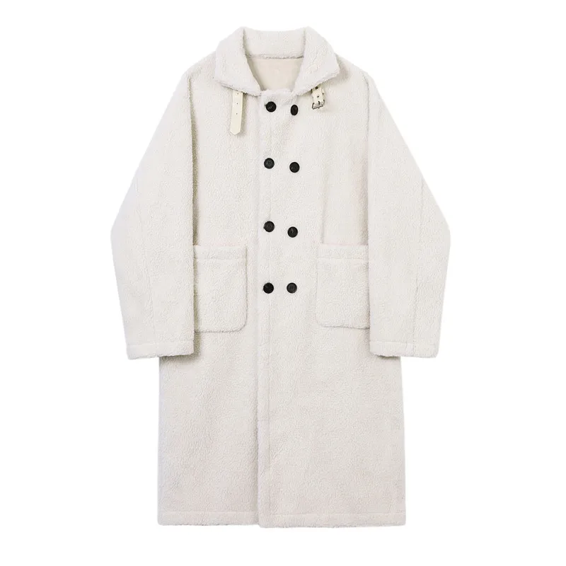 

New Male Streetwear Vintage Fashion Casual Windbreaker Jacket Overcoat Men Faux Lambswool Thick Long Trench Coat Outerwear