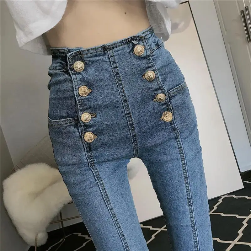 

2021 Women Plus Size Denim Jeans Spring and Autumn Korean High Waist Stretch Pencil Jeans Elastic Skinny Double Bottons Trousers