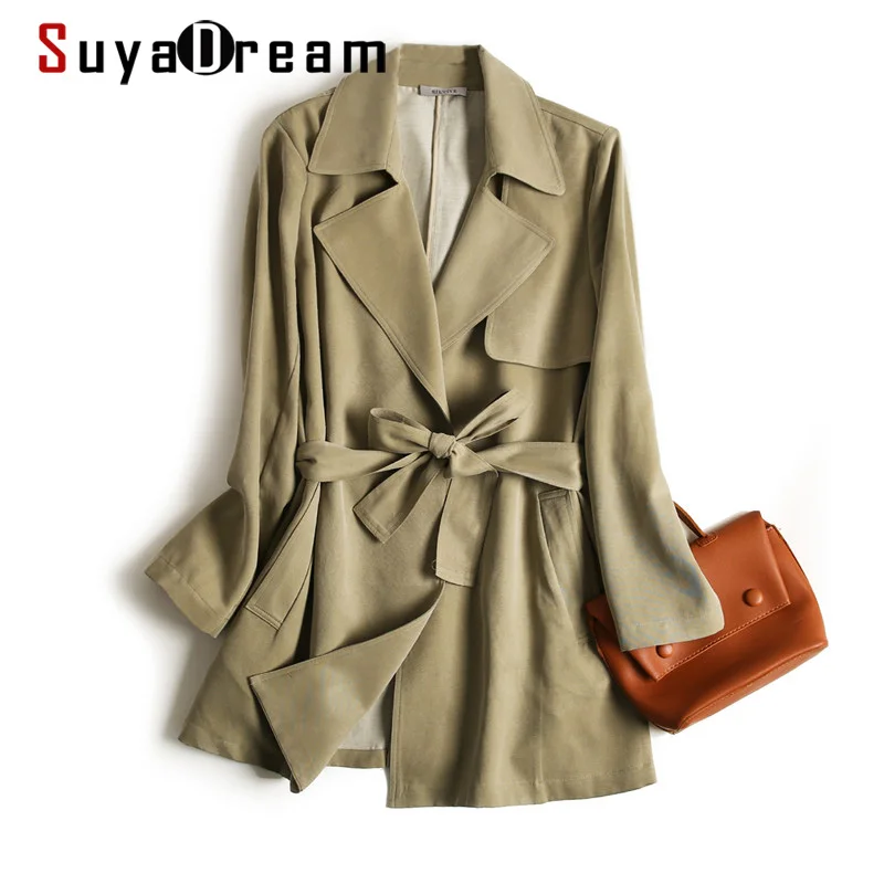 

SuyaDream Женский Тренч с поясом, 50% шелк, 50% хлопок, отложной воротник, однобортный Тренч цвета хаки, 2022, офисное шикарное осенне-зимнее пальто