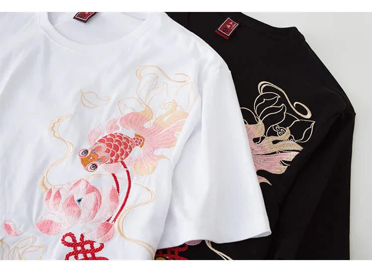 

2020 Summer New Casual All-Match Loose National Fashion Lotus Embroidery T-shirt Men's Cotton round Neck Half Sleeve