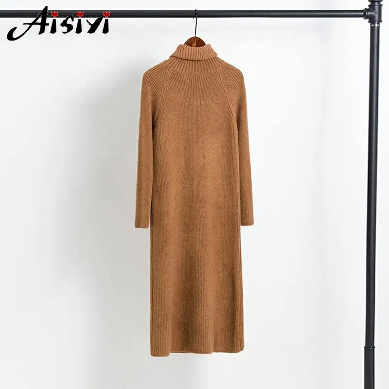 Платье свитер с высоким воротом женское зимнее теплое длинным рукавом реглан до