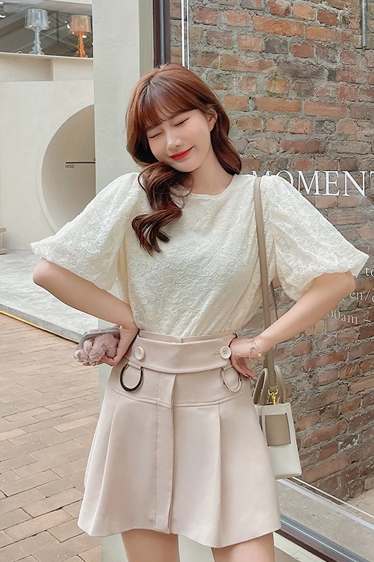 

COIGARSAM Cute Short Sleeve blouse women New Summer Lace blusas womens tops and blouses White Apricot C3532