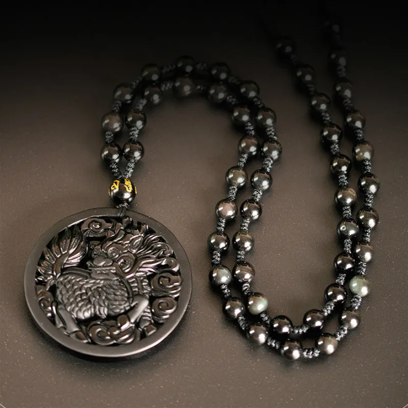 Натуральный черный обсидиан Кирин Единорог нефрит кулон ожерелье Китайский