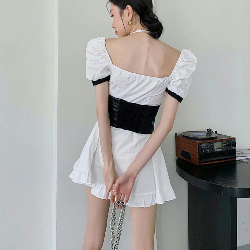 

2021 Summer New French Patchwork Mini Dress Women Sweet Puff Short Sleeve Dresses Lady Streetwear Fashion Square Collar Vestidos