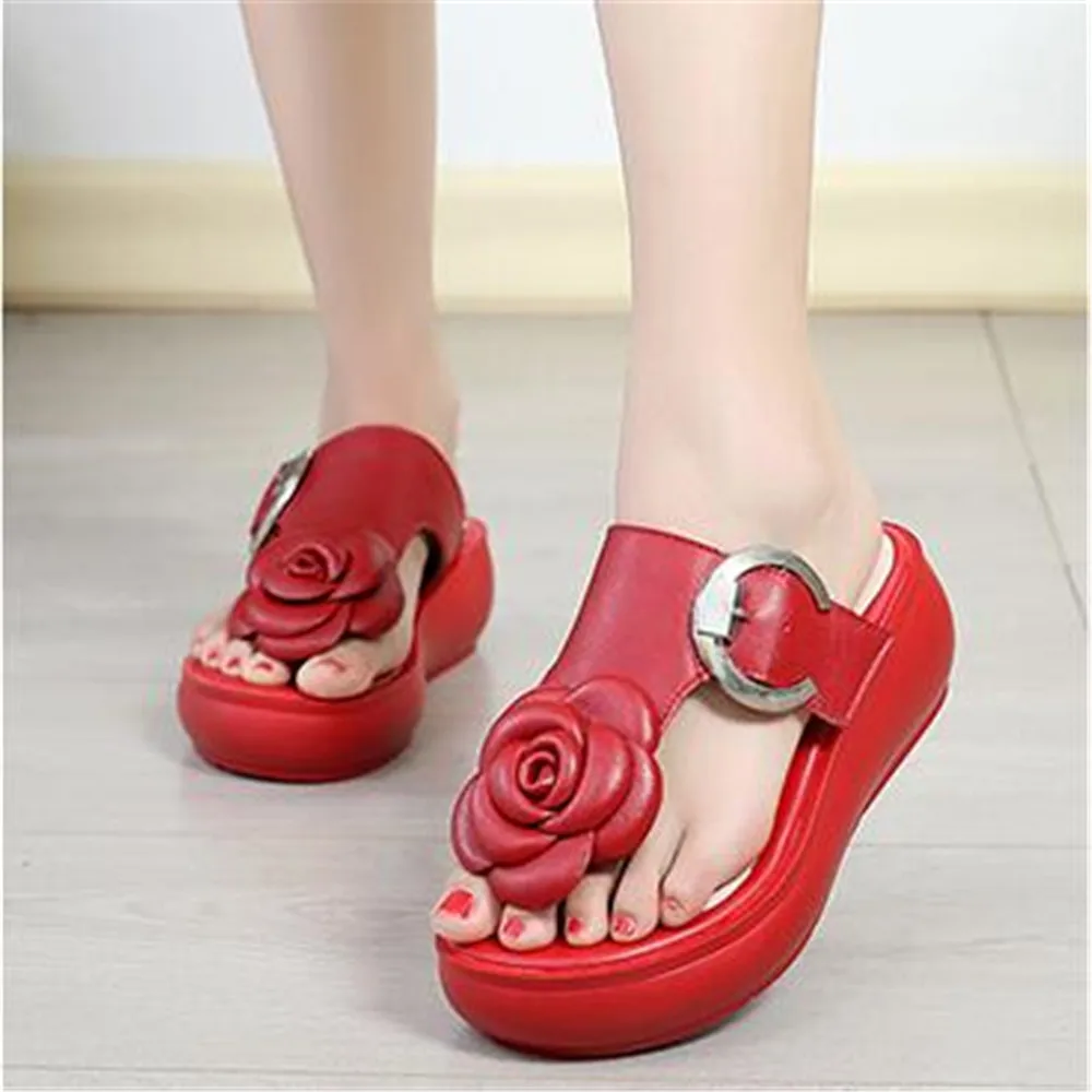 

New Split Leather Retro Slippers Women 2021 Flower Summer Wedges Female Comfortable Waterproof Muffin Thick Bottom Sandals White
