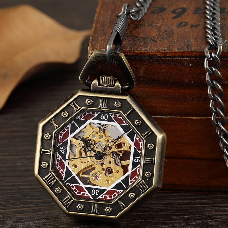 Luxury Collection Mechanical Pocket Watch Antique Bronze Fob Chain Hollow Case Hanging Clock with Gift Box for Men Dropshipping