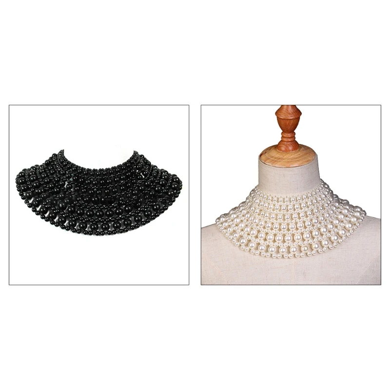 

896E Elegant Jewelry Bib Choker Necklace Vintage Luxurious Fanshaped Pearl Beaded Body Chain Shawl Collar Layered Statement