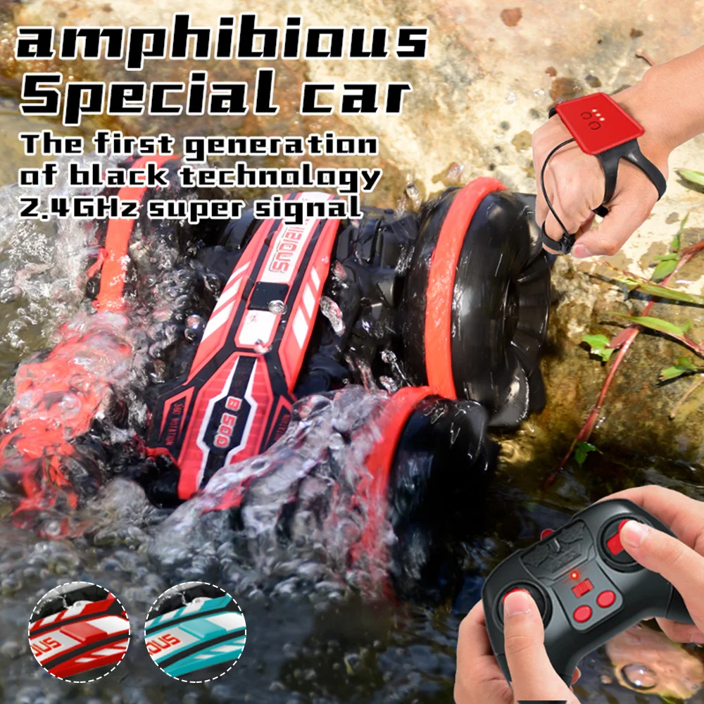 

2 in 1 Water/Land RC Stunt Car Shockproof Safety Double Sided Flips Racing Car Amphibious Drift Boat for Kids Gift with Remote