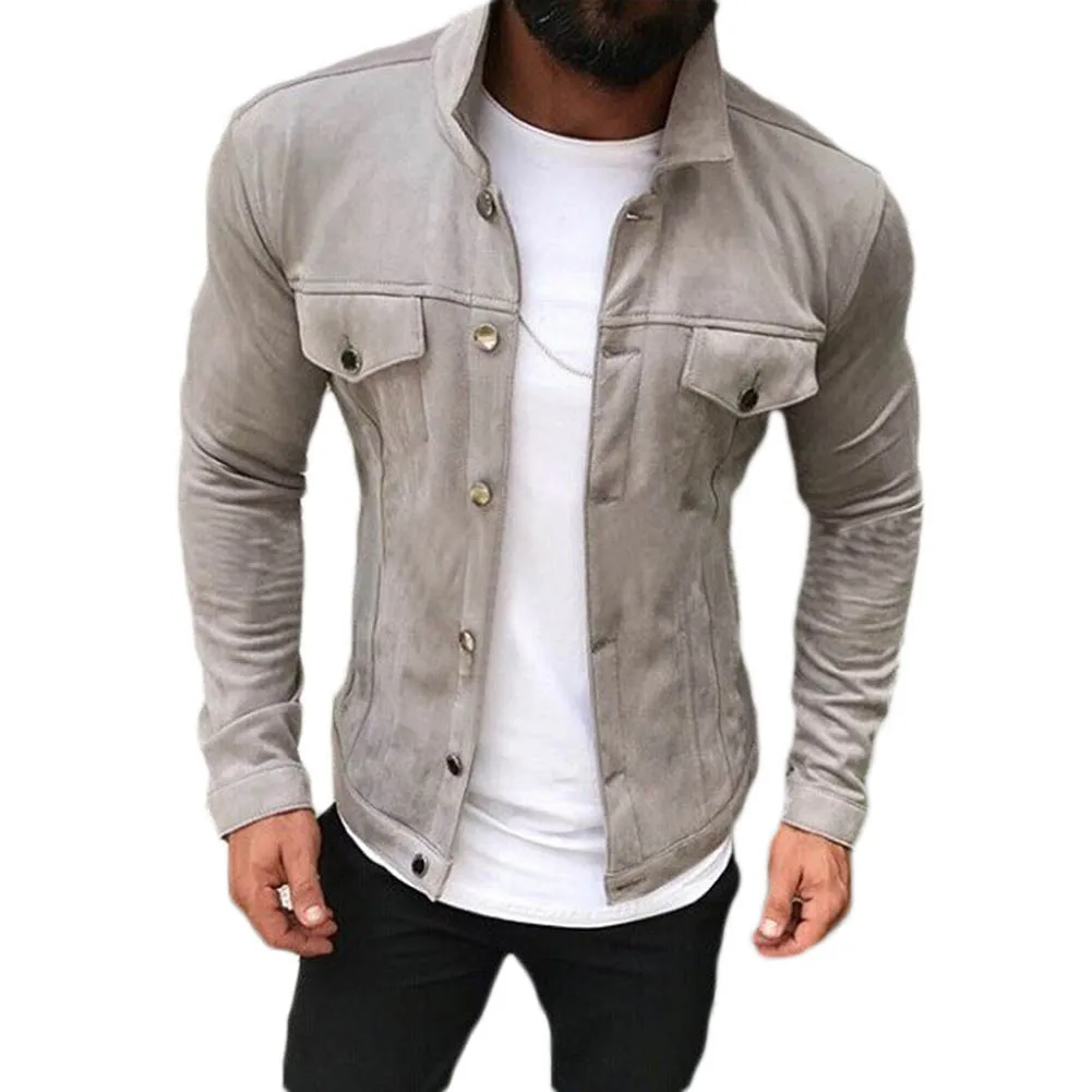 Мужская куртка на пуговицах однотонная повседневная короткая с длинным рукавом