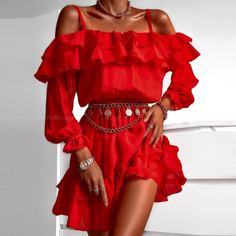 

Women Ruffle Off Shoulder Mini Dresses Red 2021 Autumn Sling Full Sleeve Elegant Party A Line Dress Chiffon Casual Vestidos New
