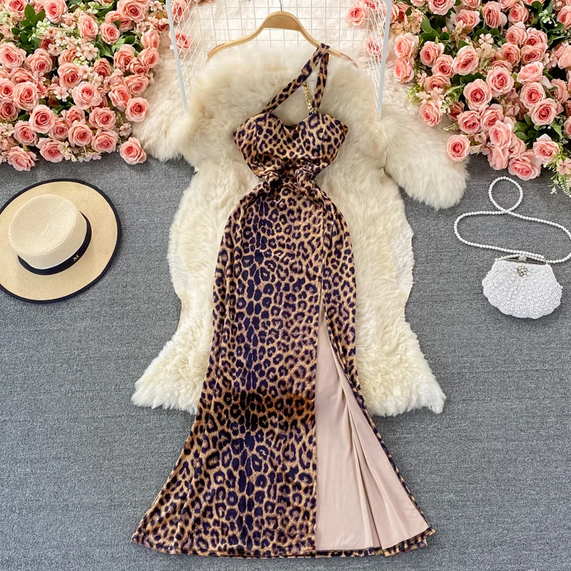 

Autumn Hepburn Lady Sexy Halter Neck Strapless Leopard Print Dress Women Backless Banquet Evening Party Split Bodycon Dress