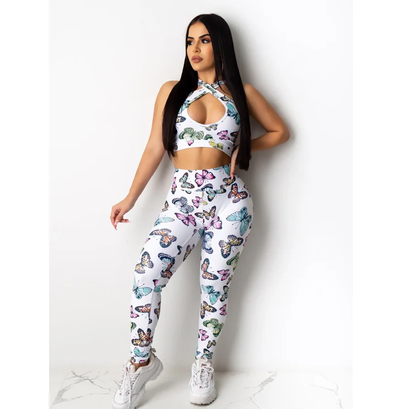 

Женский спортивный костюм из двух предметов, топ и брюки-карандаш с вырезами и принтом бабочек, Клубная одежда из 2 предметов, лето 2020