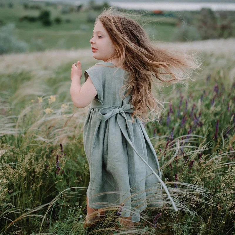 Новинка 2022 льняное платье для девочек в сельском стиле с цветами летние платья