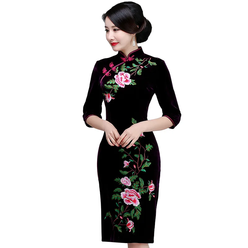 Платье Чонсам для мамы Золотое бархатное весеннее платье средней длины длинное