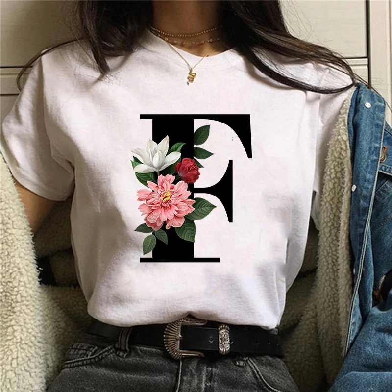 

Vogue 26 alphabet letter women T-shirt Girl A To Z Alphabet combination flowers Short Sleeve casual Korean Style Tops,Drop Ship