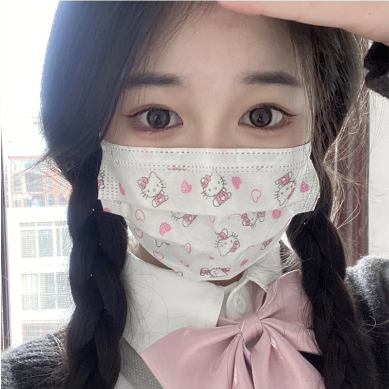 Милая маска для взрослых с мультяшным принтом и трехслойной защитой Модная белая