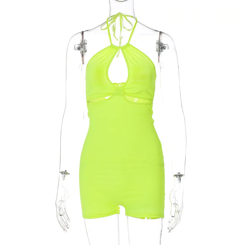 

hirigin Sexy Side Cut Out Halter Backless Romper Playsuit Summer Night Club Neon Green Ribbed Bodycon Jumpsuit Women