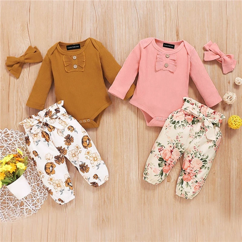 

Baby Boys Autumn Clothes Sets Fall Infant Newborn Long Sleeve Ribbed Bodysuits + Elastic Pants Headband Print Outfit