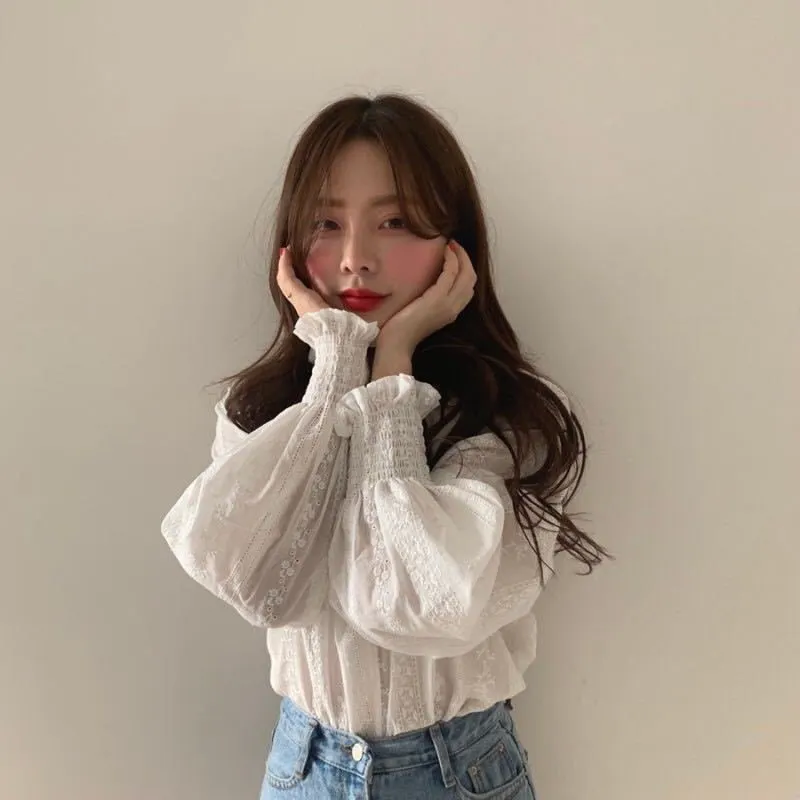 

White Elegant Women Lace Blouse Chiffon Shirt Summer Sweet Solid Color Puff Sleeve Blouses Loose Casual Ladies Tops blusas mujer