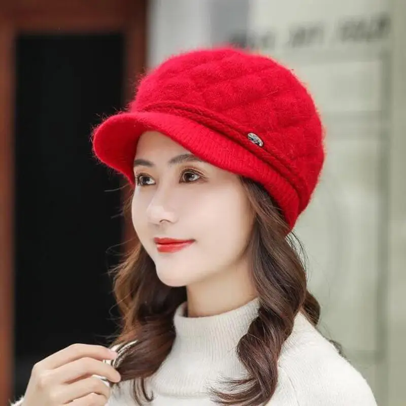 Autumn Winter Hats for Women Warm Thick Rabbit Fur Hats Women Newsboy Berets Ladies With Woolen Knitted Hat Female Caps