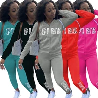 pink letter embroidery hooded full sleeve jackets and running sporty legging casual sweatsuit activewear fall winter 2 piece set