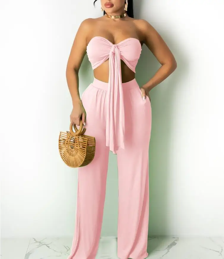 

Zoctuo Two Piece Set Women Tracksuit Cross Halter Strapless Crop Top Wide Leg Pants Solid Beach Casual Street Wear Suit Summer