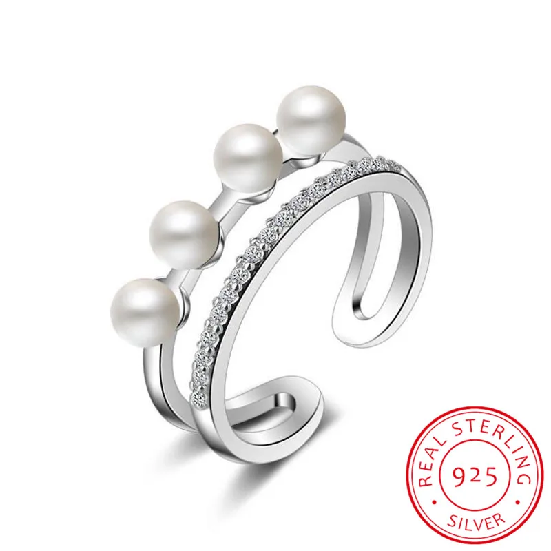 

925 Sterling Silver Trendy Korean Style Multi-layer Wedding Rings For Women Pearl Zirconia Opening Rings S-R241