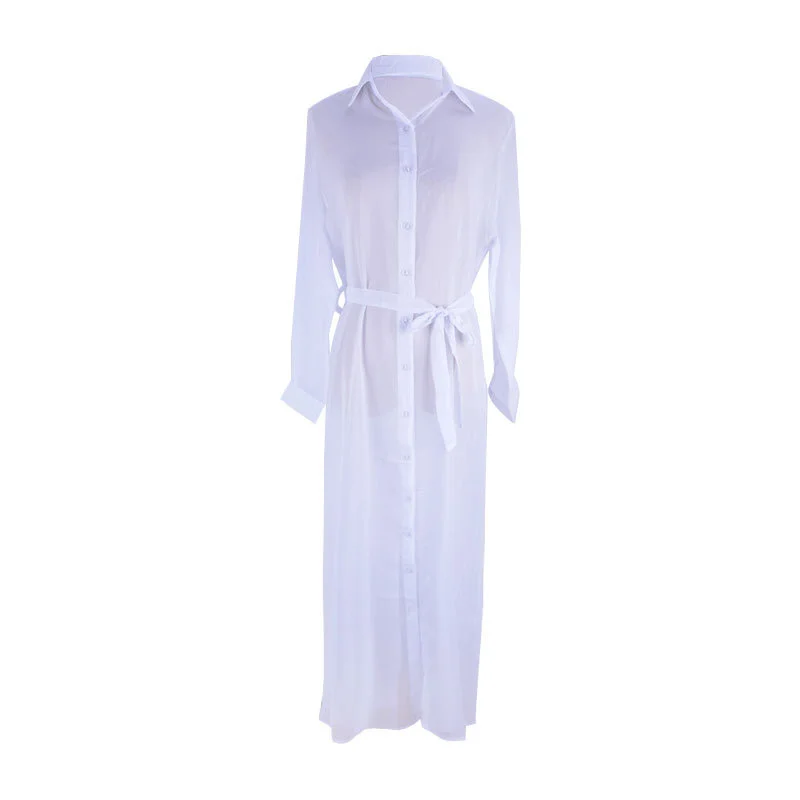 

Chiffon Wrinkled Ultra Thin Breathable Button Shirt Collar Holiday Beach Skirt Long Dress Beach Sunscreen Blouse