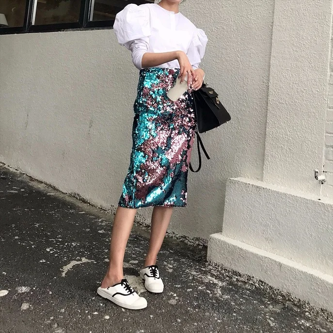 Женская Двухцветная юбка с пайетками в ночном клубе стильная сумка расшитая