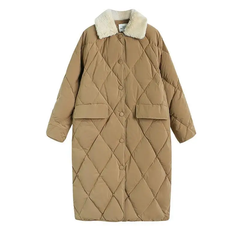 

Winter Women Fur Collar Oversize Rhombus Pattern Long Parkas Pocket Female Warm Long Cotton Overcoat Single Breasted Outwears