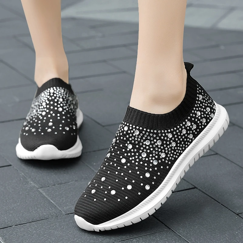 

Fashion Women Knitted Sneakers Ladies Slip-on Sock Shoes Sparkly Crystal Casual Trainers Vulcanized Shoes Zapatillas Mujer 2022