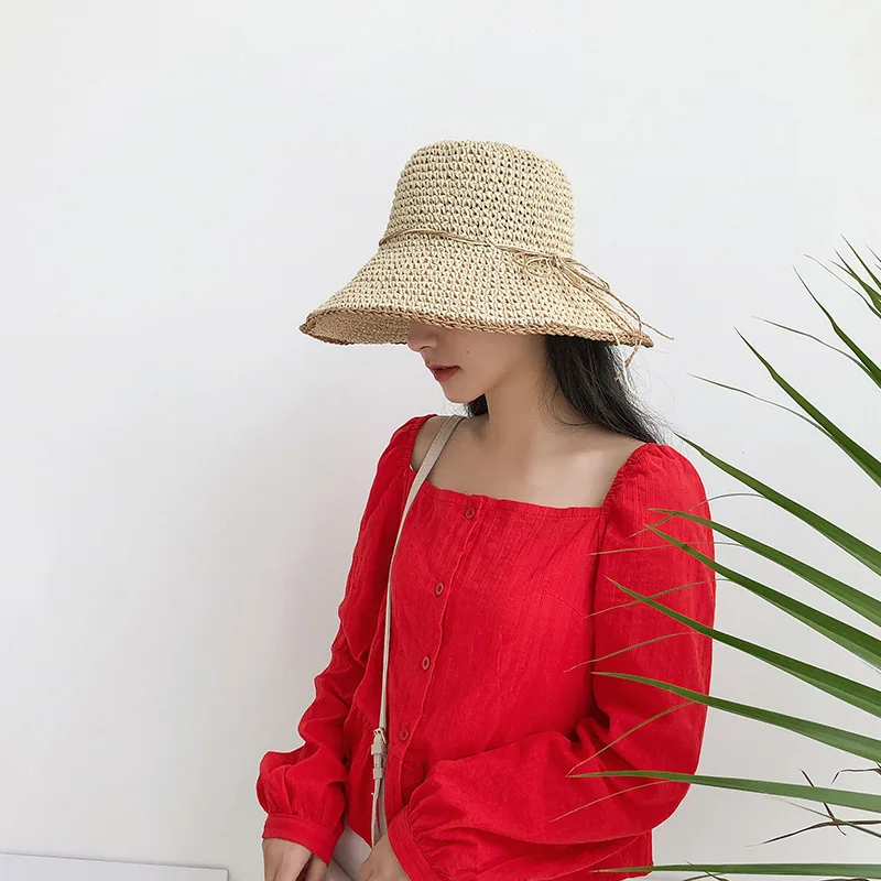 

Summer Hats Sun Beach Panama Paper Straw Hat with Cute Bow Wide Wave Brim Folded Outdoor Cap Leisure Holiday Visors Hat