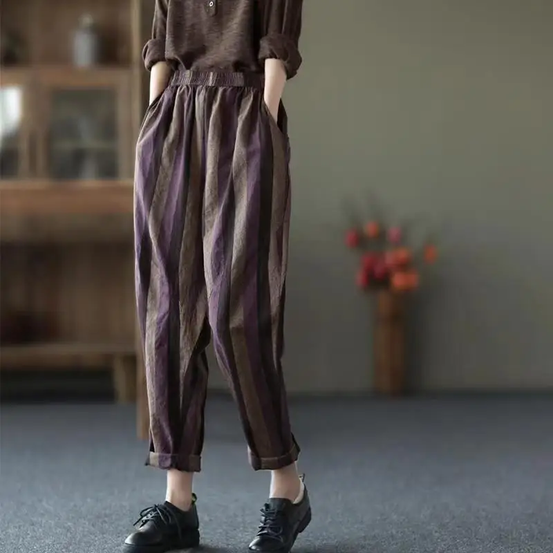 

Ladies cotton new retro vertical stripes Torre Harlan pants high waist loose nine casual pants women's summer