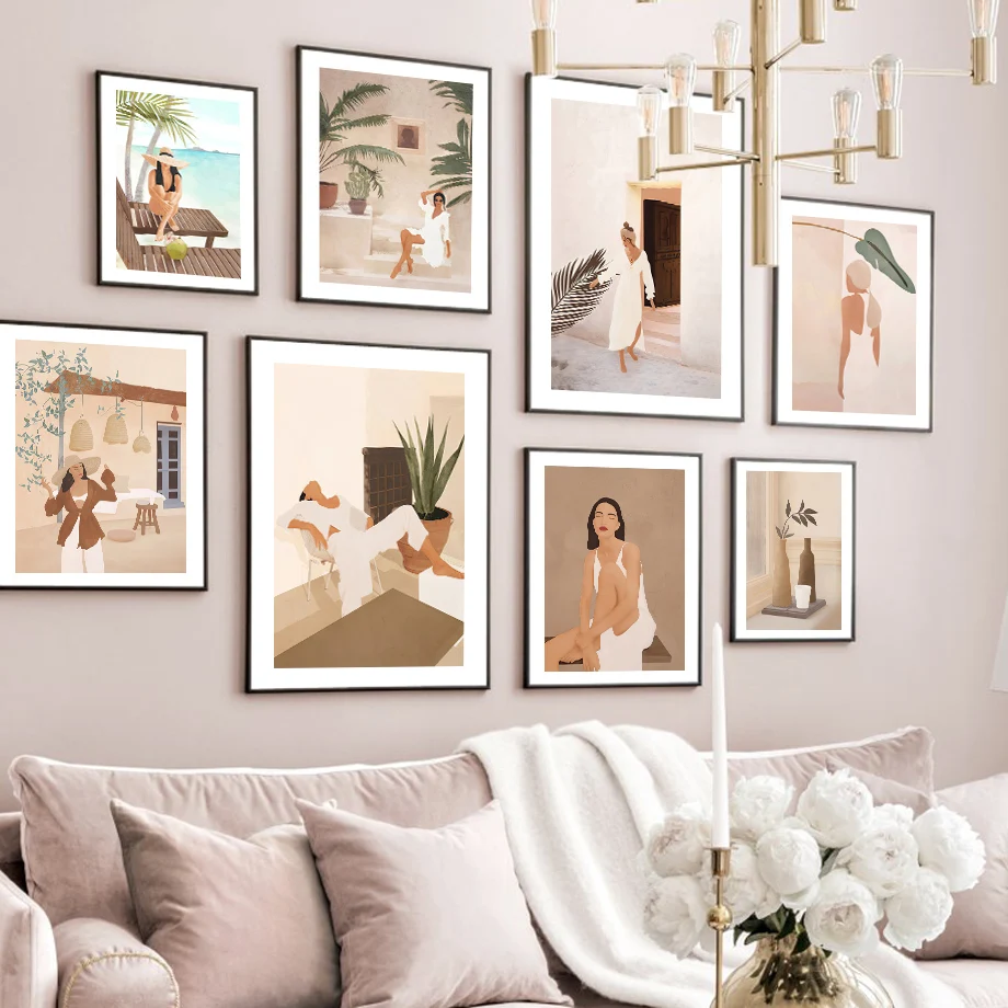 

Peace Morocco Girl Pose Palm Banana Leaf Wall Art Print Canvas Painting Modern Nordic Poster Wall Pictures For Living Room Decor