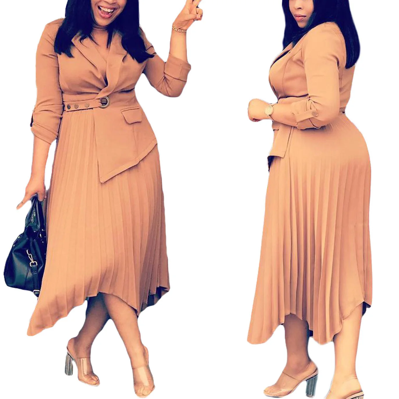 

African Ladies Office Dress Pleated High Waist Notched Collar Mid Calf Elegant Business Work Cloth Midi Dresses Vestidos Mujer