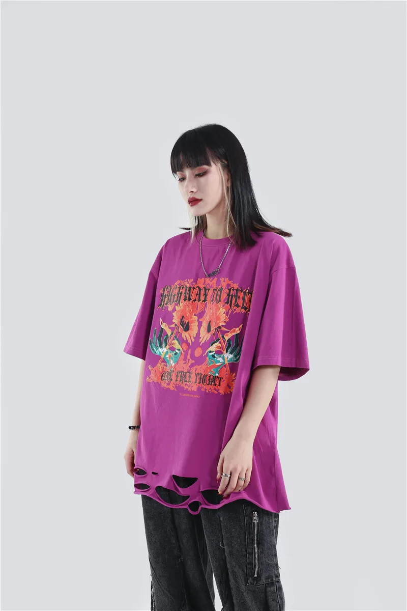 

Hip Hop Bottom Ripped Holes T-shirts Men Summer Harajuku Short Sleeve Tshirt Loose Streetwear T-shirt Oversize Cotton Tops Tees