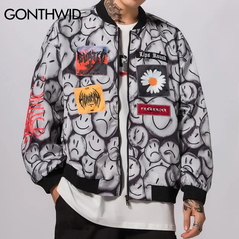 GONTHWID граффити смайлик печати маргаритки Лоскутные бомберы куртки Уличная