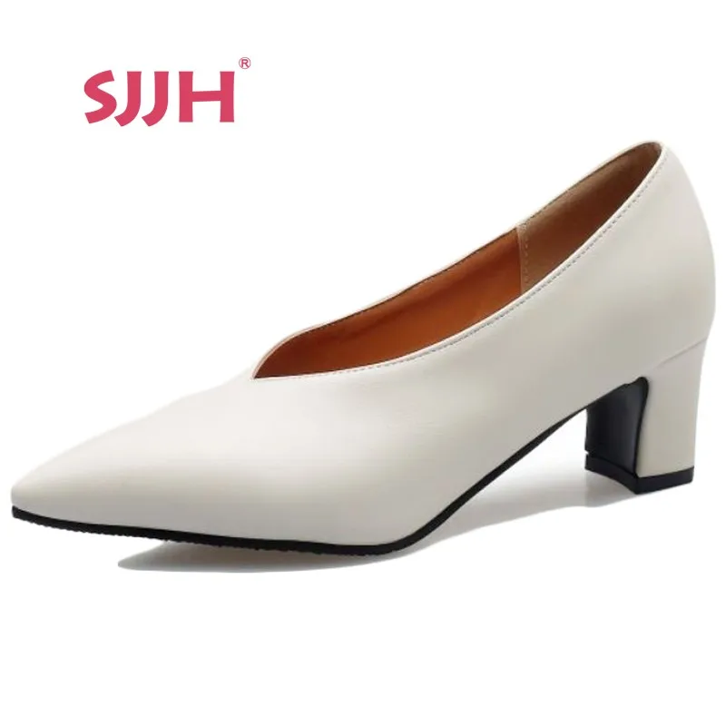 SJJH/женские туфли лодочки из органической кожи с острым носком и Конусным