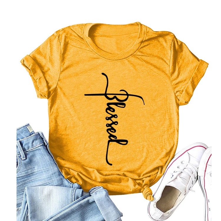 

Blessed letter print simple fashion short sleeve large Pullover round neck short sleeve T-shirt women's jy0030