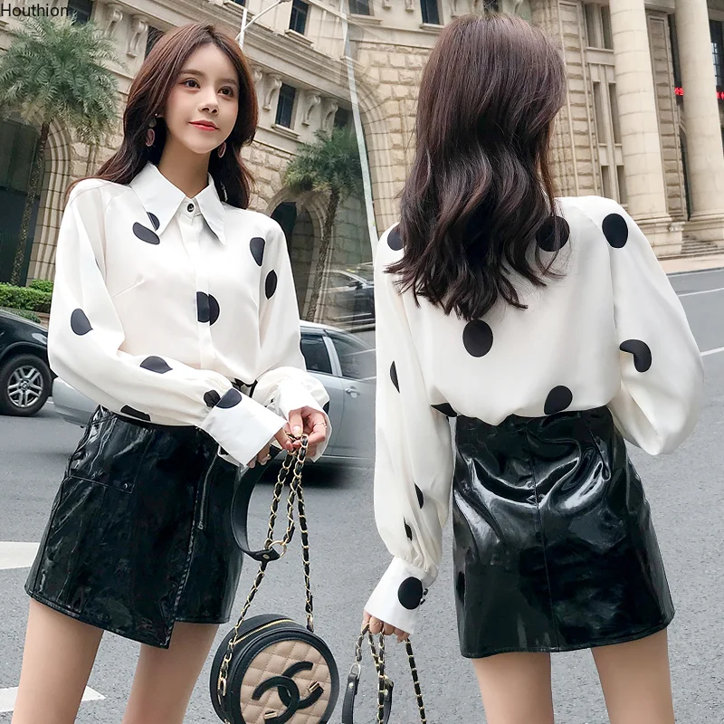 

Рубашка-поло шифоновая облегающая женская блузка модный топ в горошек на пуговицах с длинным рукавом новая Повседневная Блузка Весна/осень...