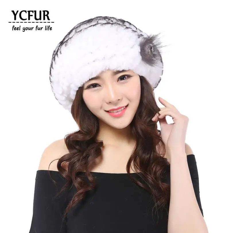 white black tip Yc меховые зимние береты для женщин, вязанные настоящий мех кролика, шапки, шапки с мехом серебристой лисы, теплые мягкие меховые шапки с цветком, женские береты - Цвет: white black tip