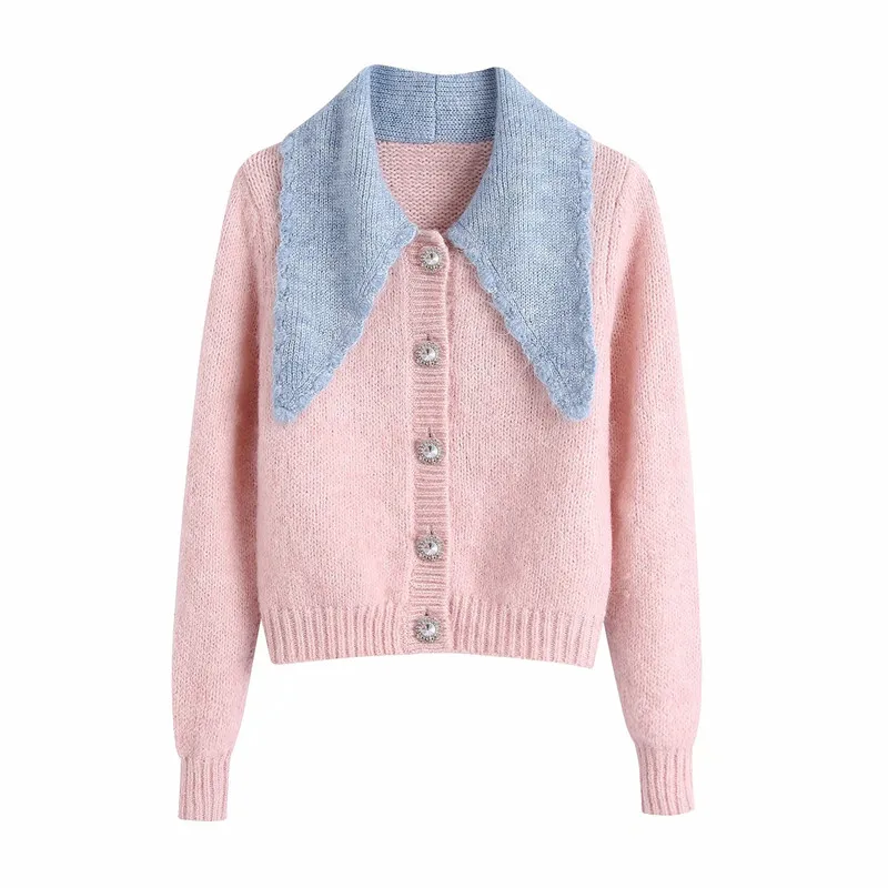 

Autumn Winter Cute Lady Patchwork Turn-Down Collar Za Pink Knitted Cardigans Women Fashion Jewelry Button Long Sleeve Sweaters