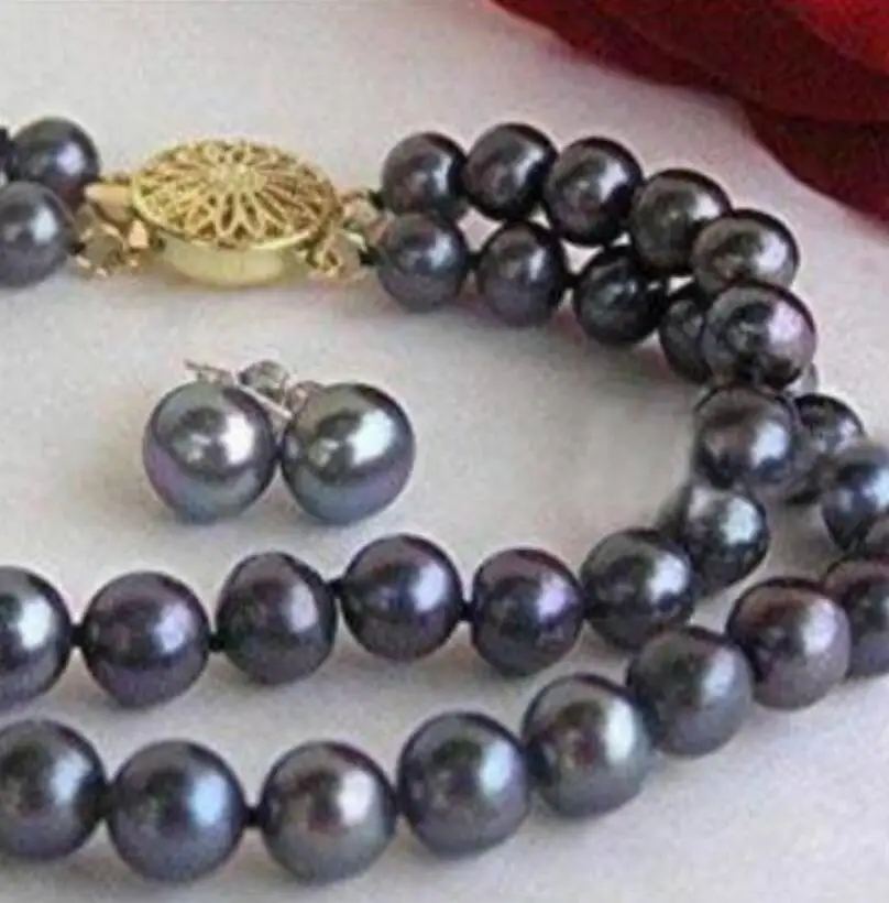 Ювелирный набор модный 2 ряда 7 8 мм черный натуральный жемчуг галстук узел