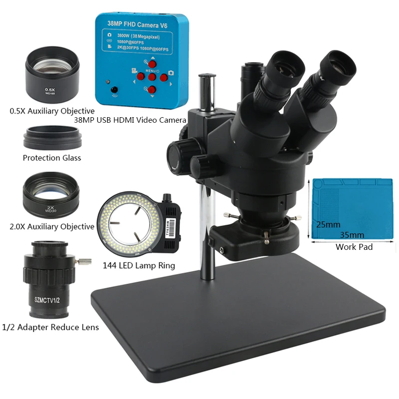 Microscopio estéreo Trinocular Focal para soldadura de teléfono, herramienta de reparación de PCB, 38MP, 2K, USB, HDMI, cámara de vídeo Digital, 3.5X-90X